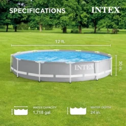 Intex Prism Frame 12 Foot X 30 Inch Round Above Ground Outdoor Swimming Pool Set For Backyards With 530 GPH Filter Pump And Steel Frame Pool Ladder