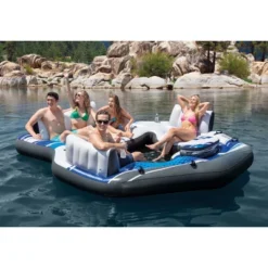 Intex Blue Tropic Inflatable Lake Or Swimming Pool Island Water Floating Lounger Raft With Backrests, Built-In Cooler, And 4 Cupholders