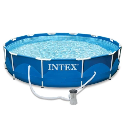 Intex 12 Foot By 30 Inch Metal Frame Round Above Ground Swimming Pool With Filter Pump And Easy Set Round PVC Vinyl Pool Cover 1 Intex 12 Foot By 30 Inch Metal Frame Round Above Ground Swimming Pool With Filter Pump And Easy Set Round PVC Vinyl Pool Cover