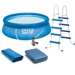 Intex Above Ground Swimming Pool, Ladder With Pump And 15’ Pool Debris Cover