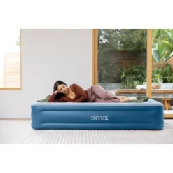 Intex Mid Rise Hexbeam 14" Electric Pump Queen Air Mattress - Dark Blue Denim: Indoor/Outdoor Use, Built-In Air Pump