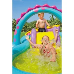 Intex 11ft X 7.5ft X 44in Dinoland Inflatable Kiddie Swimming Pool With Slide, Dino Arch Water Sprayer And Games For Ages 2+