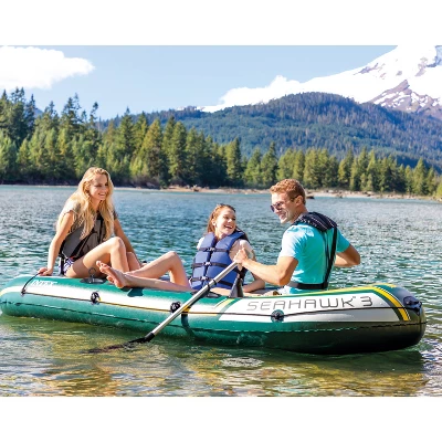 Intex Seahawk 3 Person Heavy Duty Inflatable Rafting And Fishing Boat Set W/ 2 Aluminum Oars, High Output Air Pump, And Carry Bag, 790 Pound Capacity 1 Intex Seahawk 3 Person Heavy Duty Inflatable Rafting And Fishing Boat Set W/ 2 Aluminum Oars, High Output Air Pump, And Carry Bag, 790 Pound Capacity