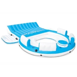 Intex Splash N Chill Island 4 Person Inflatable Float Lounger With Cup Holders, Backrests, Built In Cooler & Quick Fill Portable AC Electric Air Pump