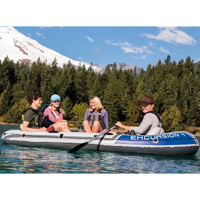 Intex Excursion 4-Person Inflatable Boat Set For Fishing And Boating With 2 Aluminum Oars, High-Output Air Pump, And Repair Kit, 1100 Pound Capacity 1 Intex Excursion 4-Person Inflatable Boat Set For Fishing And Boating With 2 Aluminum Oars, High-Output Air Pump, And Repair Kit, 1100 Pound Capacity