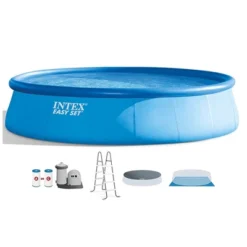 Intex Easy Set Inflatable 18' X 48" Round Above Ground Outdoor Swimming Pool With Filter Pump, Ladder, And Deluxe Maintenance Pool Cleaning Kit