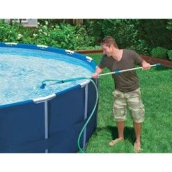 Intex Swimming Pool Kit W/ Vacuum Skimmer, Pole, & Debris Round Cover Tarp