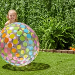 Intex Jumbo Inflatable Glossy Colorful Transparent PVC Giant Beach Ball W/Repair Patch In Polka-Dot Or Rainbow Stripes For Ages 3 & Up, Color Varies -Intex GUEST cd003727 9aac 490d 94e2 1c55b14f0218
